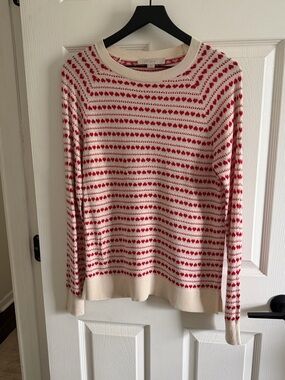 Cream and Red Patterned Crewneck Sweater